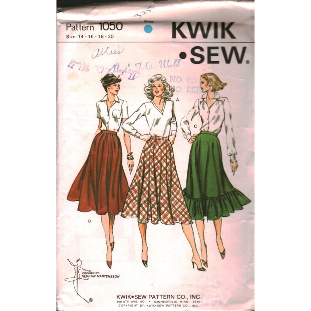 Vintage Kwik Sew 1050 Misses Skirt Pattern Sizes 14-20 Flared Bias Ruffle Skirts